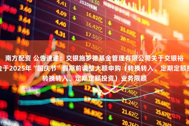 南方配资 公告速递：交银施罗德基金管理有限公司关于交银裕通纯债债券基金于2025年“国庆节”假期前调整大额申购（转换转入、定期定额投资）业务限额